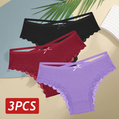 3PCS Women Cotton Lace Brazilian Panties Set S-XL