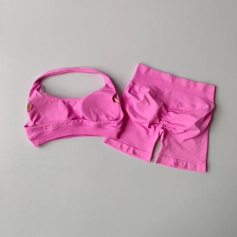 Peach High Waist Seamless Sports Bra and Shorts Set