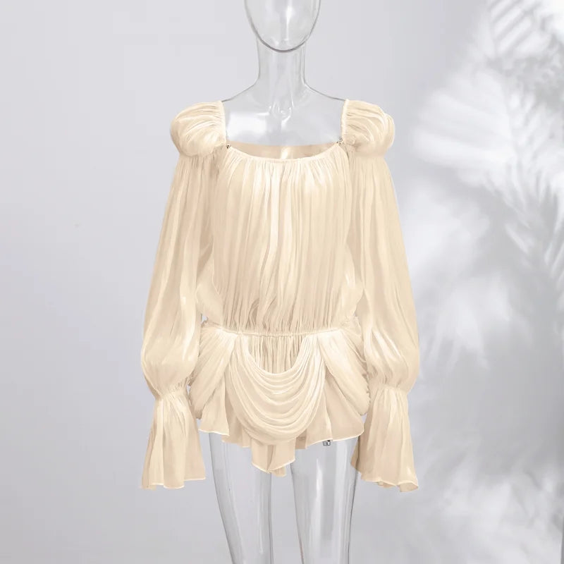 Satin Off Shoulder Pleated Mini Dress with Puff Sleeves