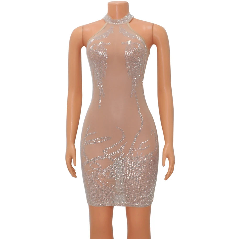 Rhinestone Mesh Bodycon Mini Dress for Women