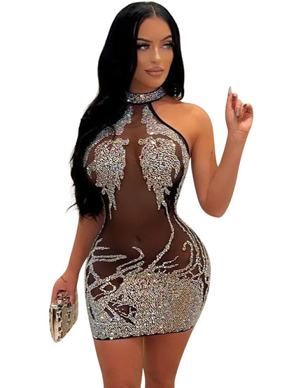 Rhinestone Mesh Bodycon Mini Dress for Women