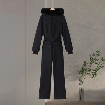 Fur-Trimmed Hooded One-Piece Ski Suit for Women