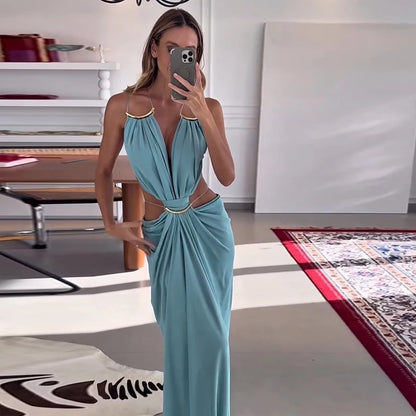 Backless Halter Dress for Women in Solid Polyester