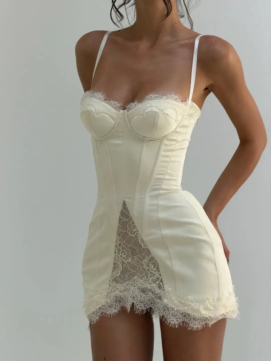 Women White Lace Trim Corset Mini Dress