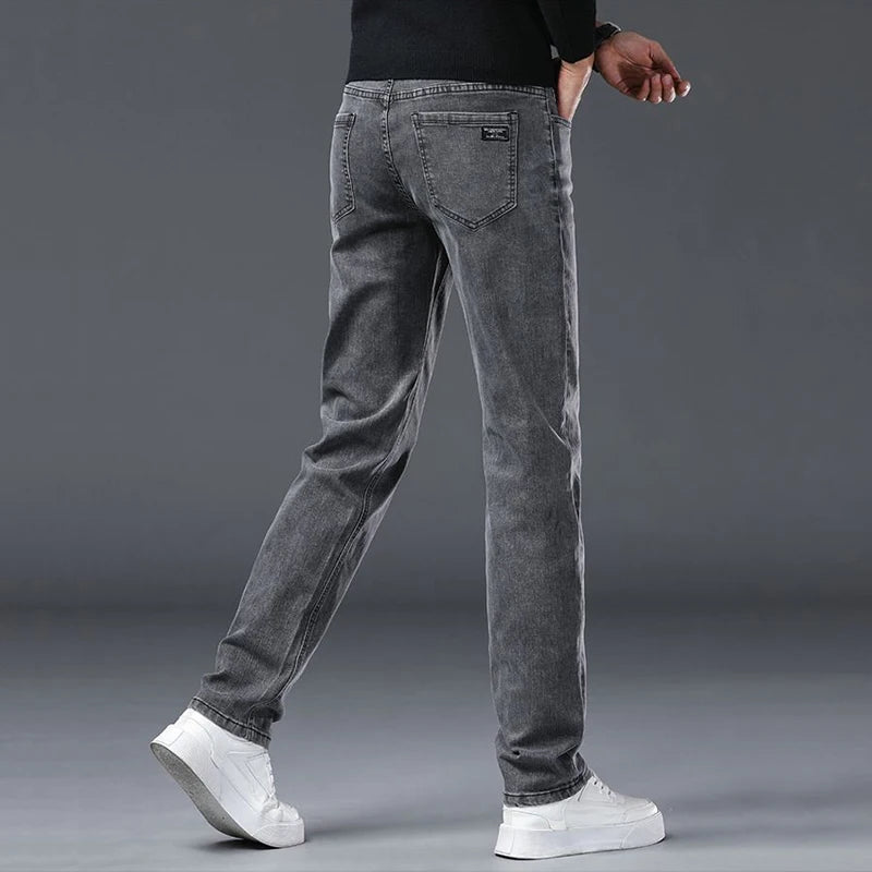 Men's Slim Denim Jeans Casual Elastic Trousers Black Gray