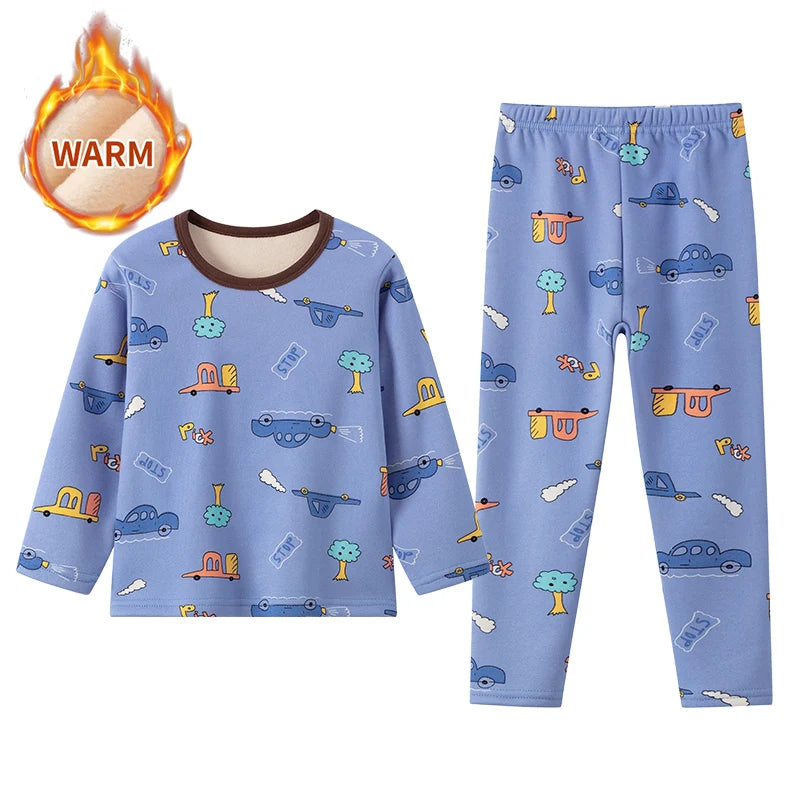 Children's Cartoon Printed Thick Warm Underwear Set