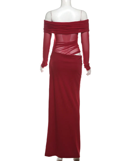 Elegant Slash Neck Ruched Mesh Dress for Women
