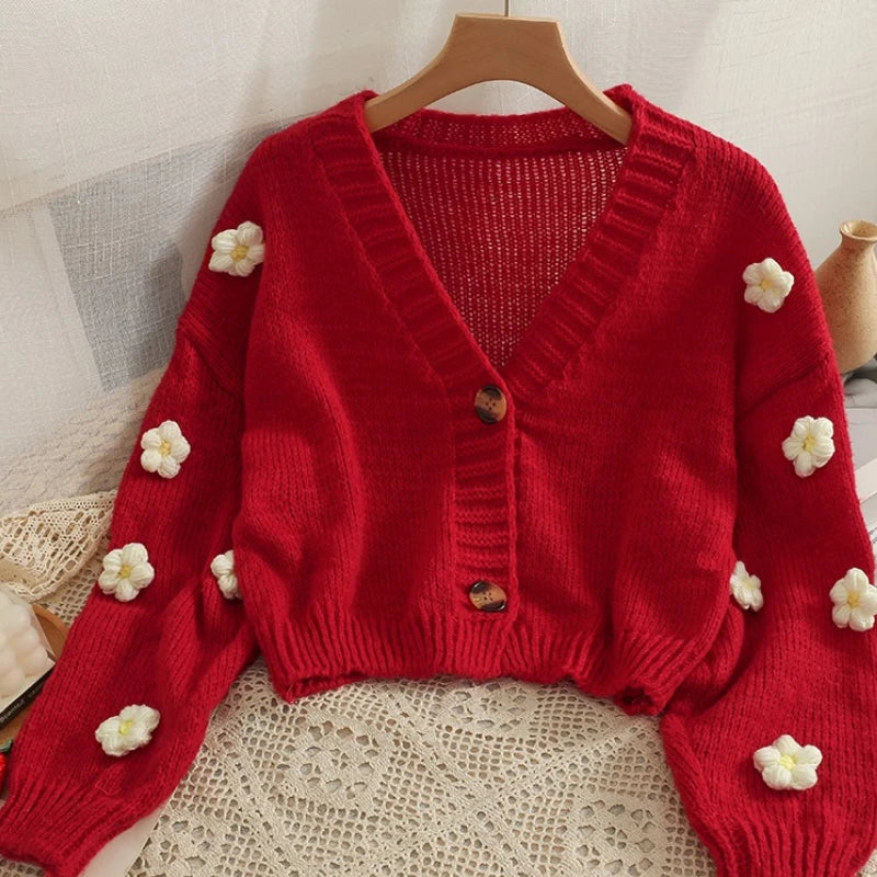 Applique Flower V-Neck Knit Cardigan for Women