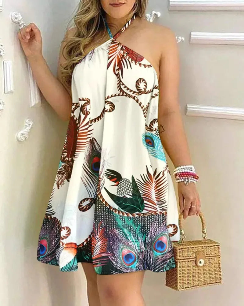 Tropical Leaf Print Halter Neck Mini Dress