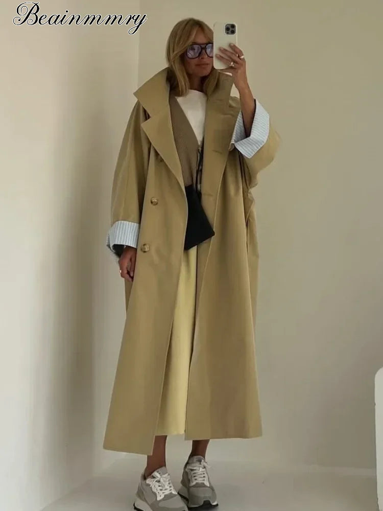 Khaki Long Color-block Stripe Trench Coat for Women
