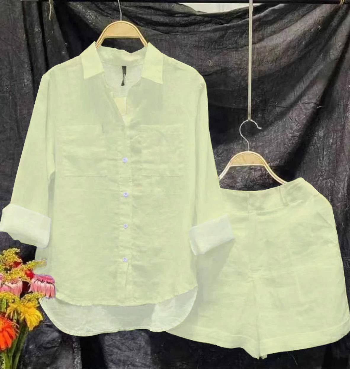 Cotton Linen Casual White Shirt and Shorts Set