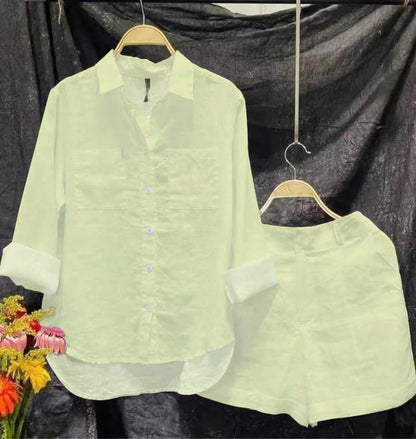 Cotton Linen Casual White Shirt and Shorts Set