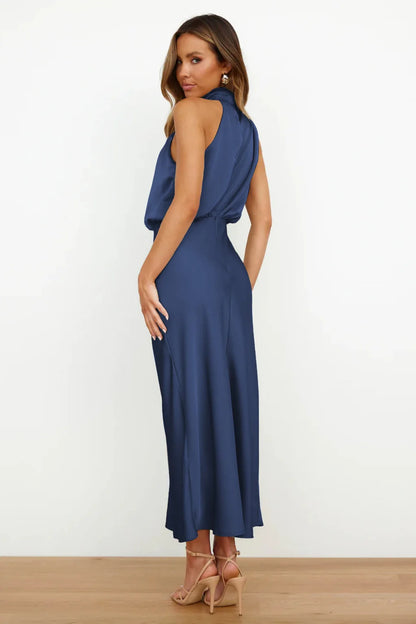Elegant Silk Satin Sleeveless Long Dress for Women