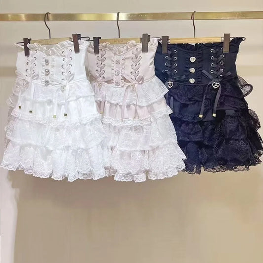 Japanese Sweet Lolita Mini Skirt Women Retro Lace Skirt