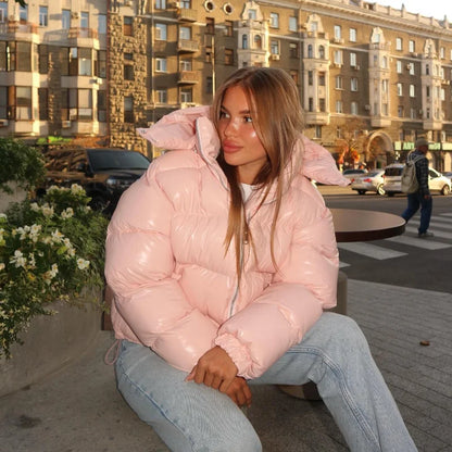 Solid Glossy Zipper Hooded Coat Women's Cotton Jacket