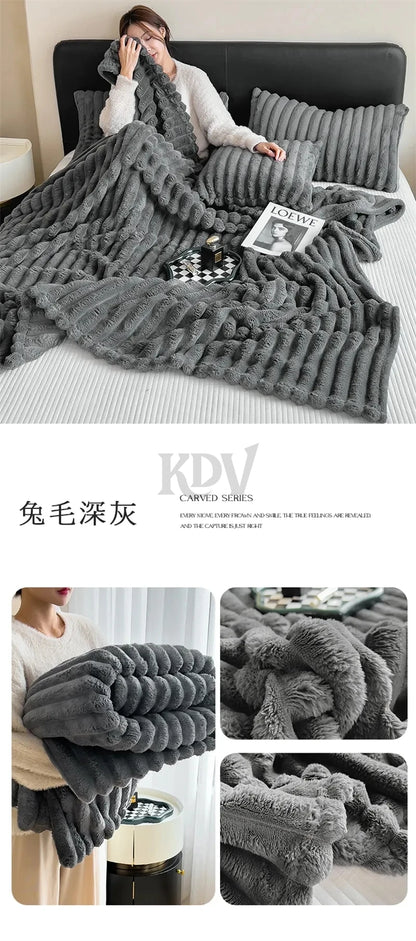 Luxury Faux Rabbit Fur Throw Blanket Solid Color Plush