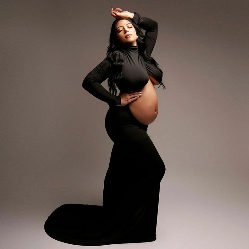 Maternity Maxi Gown Turtleneck Bodycon Dress