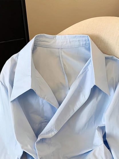 Irregular Long Sleeve Polo Shirt Women White Blouse