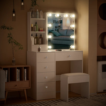 Teousev White LED Makeup Vanity Set with Stool