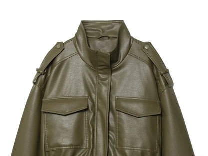 MUJER Faux Leather Cropped Bomber Jacket for Women