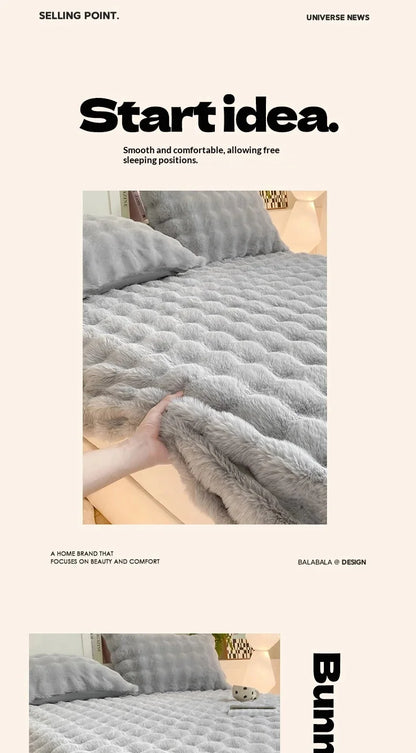 Fluffy Plush Fitted Bed Sheet Rabbit Fleece Solid Color