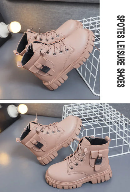 Girls PU Leather Ankle Boots with Anti-slip Sole