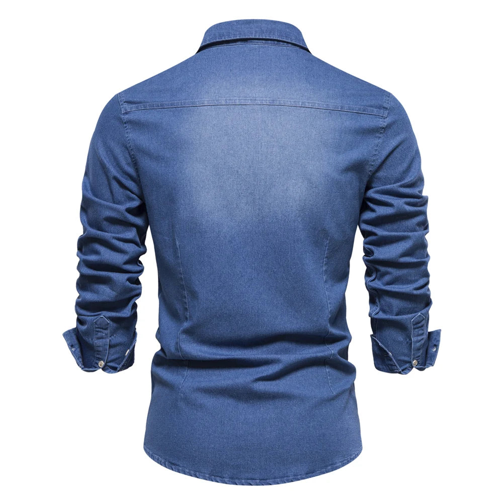 Elastic Cotton Denim Shirt Men Long Sleeve Casual