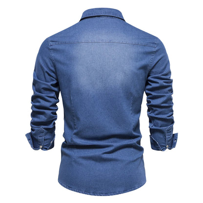 Elastic Cotton Denim Shirt Men Long Sleeve Casual