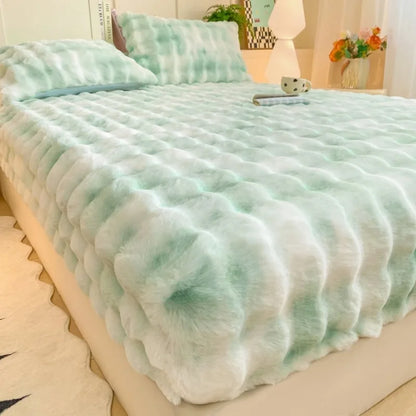 Fluffy Plush Fitted Bed Sheet Rabbit Fleece Solid Color