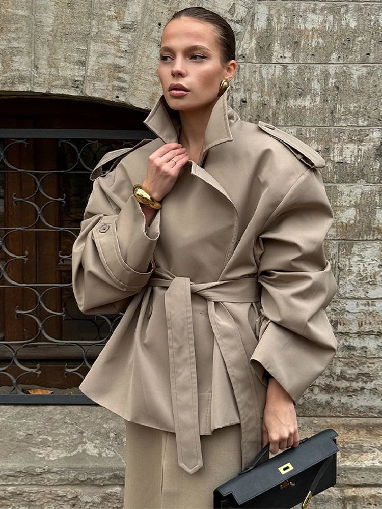 Khaki Long Color-block Stripe Trench Coat for Women