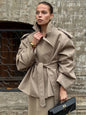 Khaki Long Color-block Stripe Trench Coat for Women