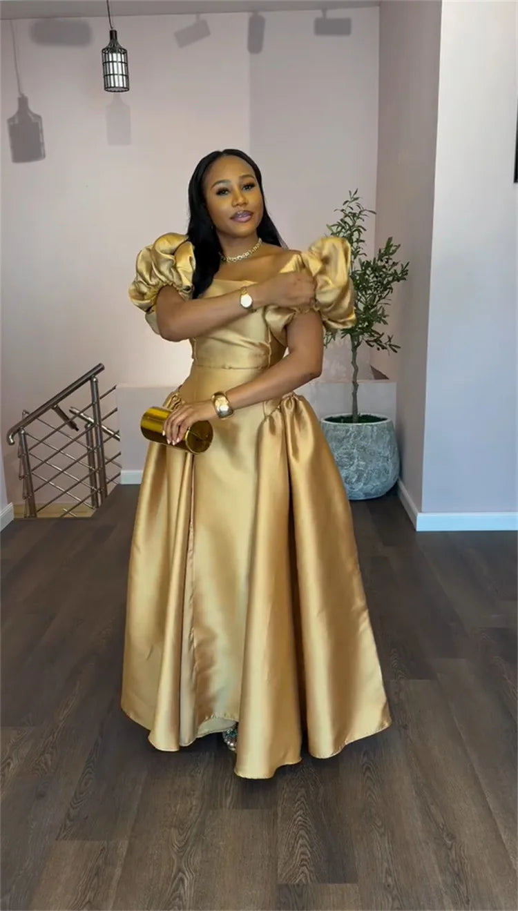 Gold Solid A-line Maxi Dress with Puff Sleeves