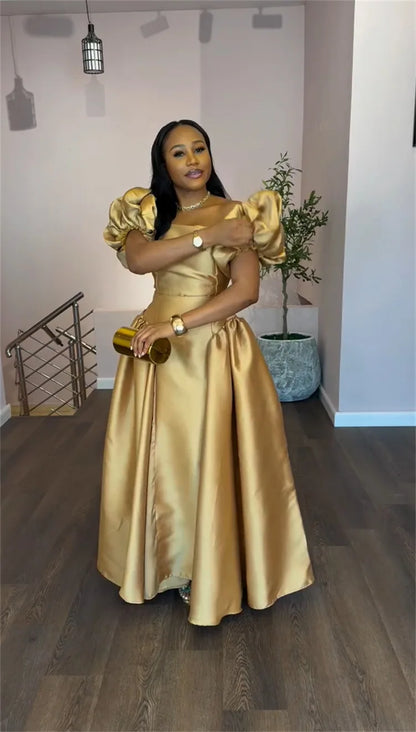 Gold Solid A-line Maxi Dress with Puff Sleeves