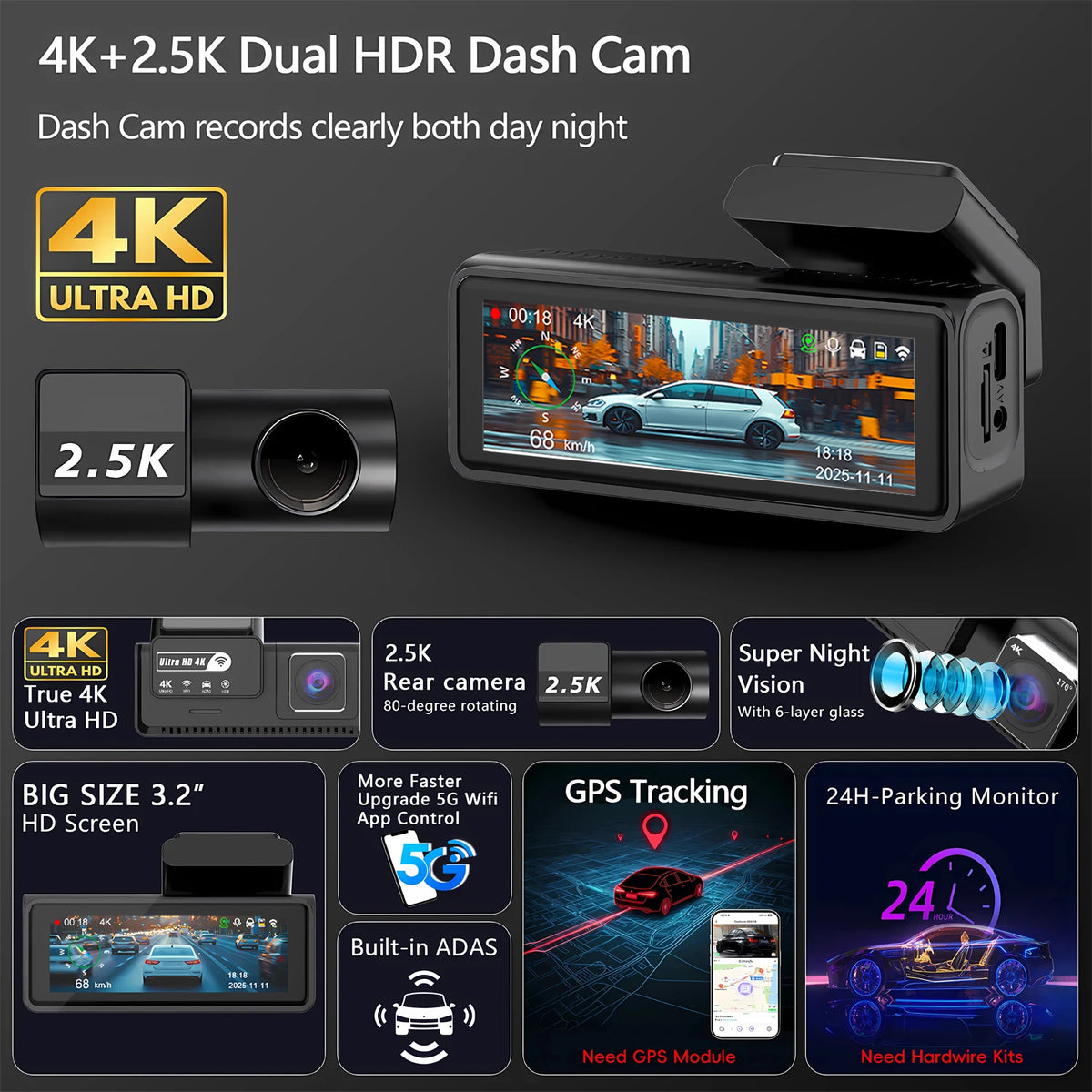 ADAS Dash Cam 4K 2.5K GPS WiFi Night Vision Mini