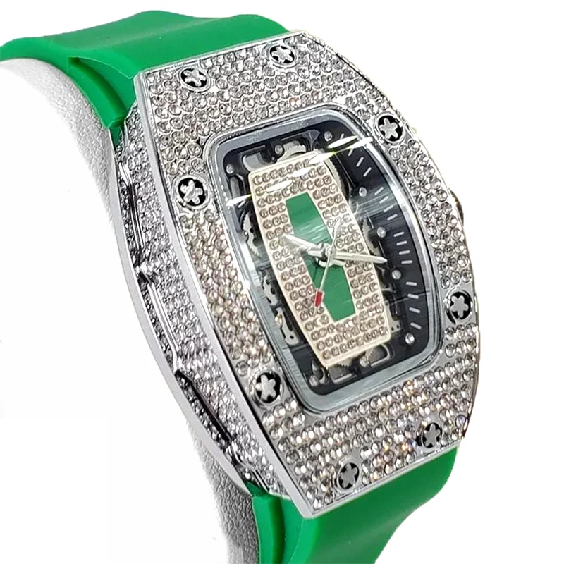 Green Tonneau Quartz Watch for Women with Iced Diamonds
