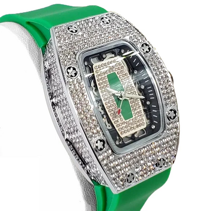 Green Tonneau Quartz Watch for Women with Iced Diamonds