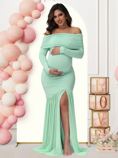 Elegant Off-Shoulder Maternity Dress with Slits