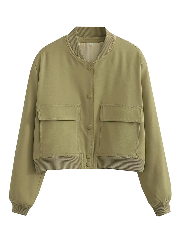 Willshela Women Solid V-Neck Bomber Jacket