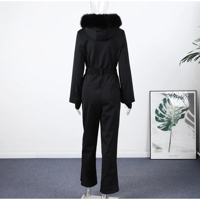 Casual Fur-Trimmed Hooded Ski Suit Women Warm Jumpsuit