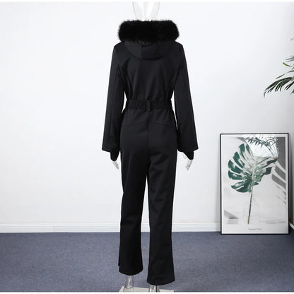 Casual Fur-Trimmed Hooded Ski Suit Women Warm Jumpsuit