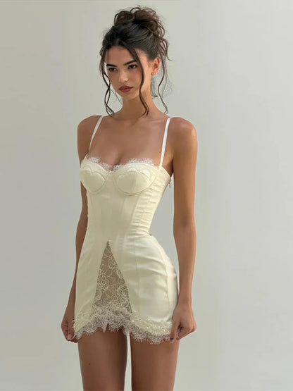 Women White Lace Trim Corset Mini Dress