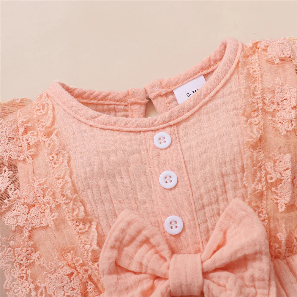 Newborn Girls Solid Color Lace Edge Romper and Headband