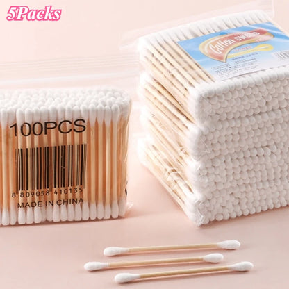 100 Pcs Baby Cotton Swabs with Wooden Sticks