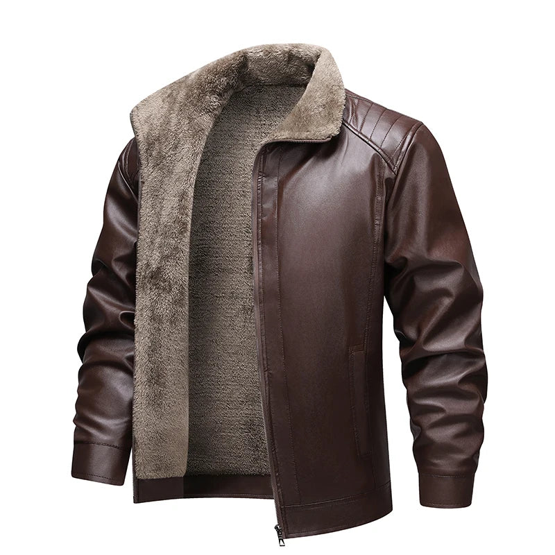 Men's Faux Leather Biker Jacket with Fleece Lining