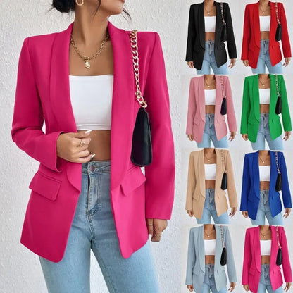 Solid Polyester Cotton Long Sleeve Women's Blazer