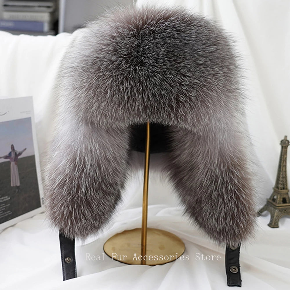 Men's Real Silver Fox Fur Bomber Hat