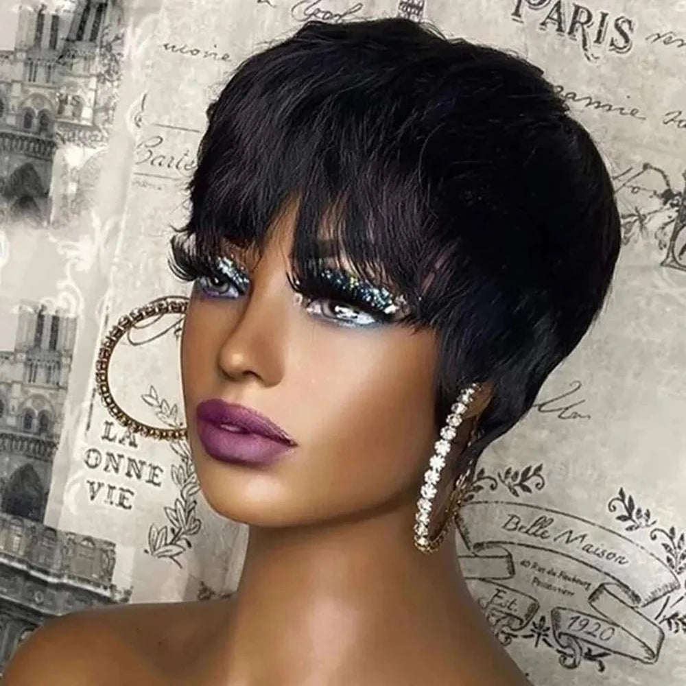 Short Pixie Cut Human Hair Wig with Bangs for Women