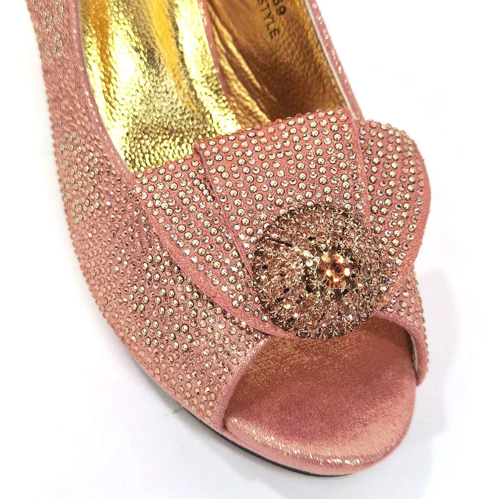 Golden Wedding Shoes And Bag Set With Diamond Decoration