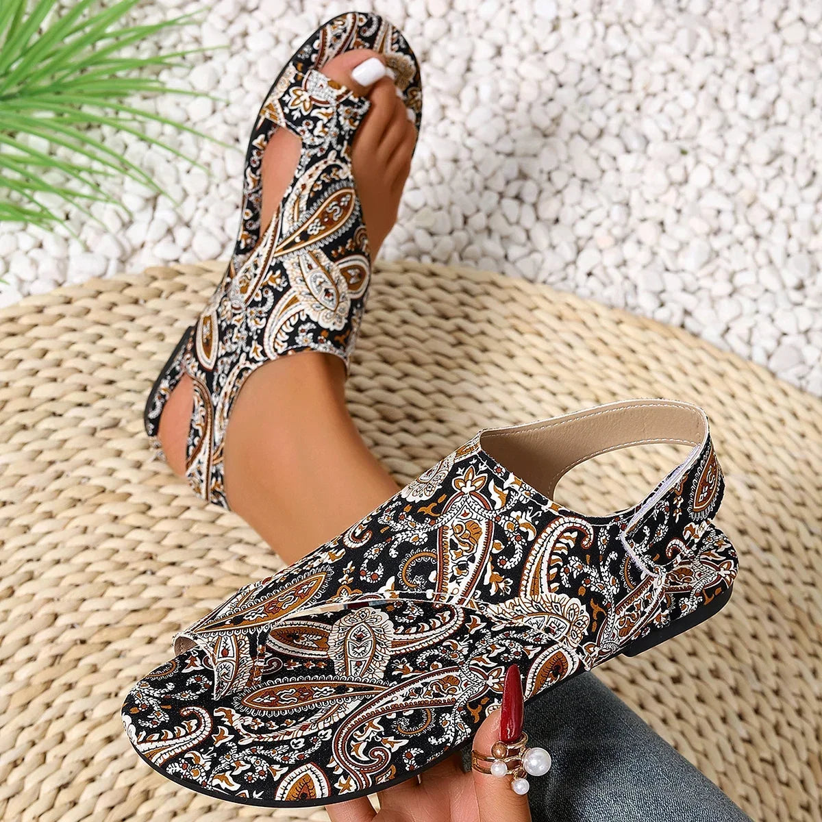 Women Flat Sandals Printed Bohemia Roman Style Shoes