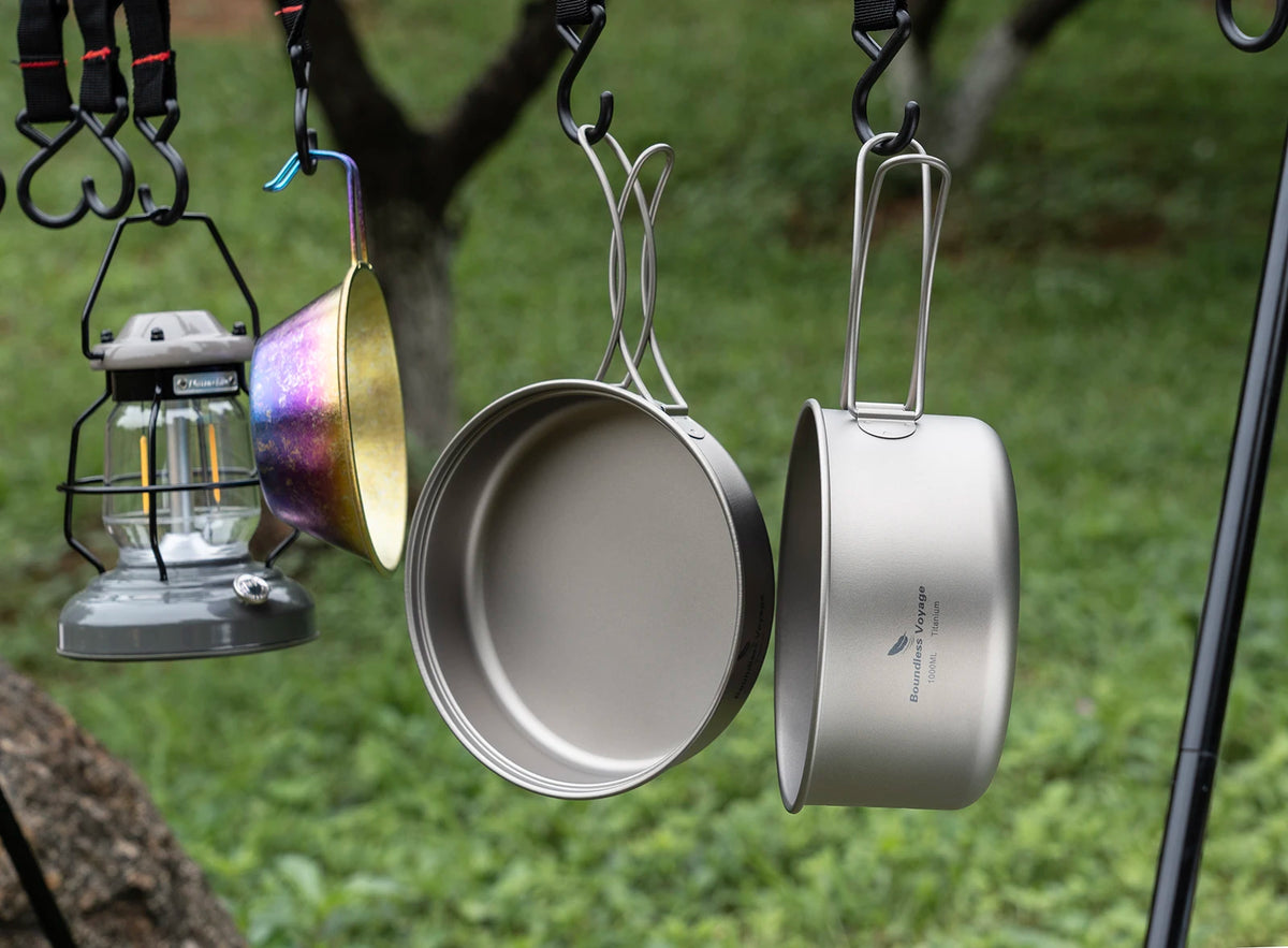 Titanium Pot Pan Set with Folding Handles for Camping
